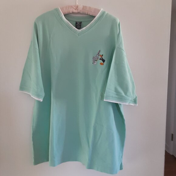 WARNER BROS STUDIO BUGS BUNNY DAFFY DUCK MENS V-NECK SHIRT MINT GREEN XXL COTTON - Picture 1 of 6